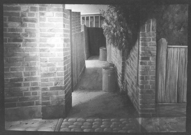 La même anamorphose vue depuis le point de vue privilégié : l'illusion d'une allée en profondeur.