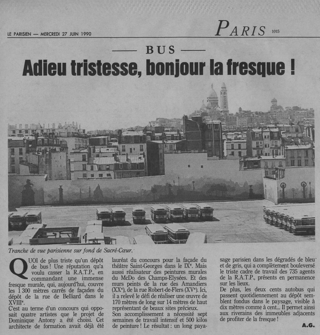 Le Parisien. Fresque RATP de 170 m de long par 14 m de haut. Dépôt de bus.