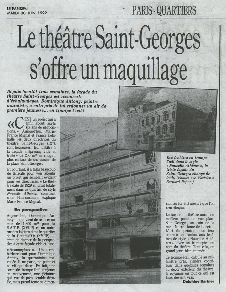 Le Parisien, Anamorphose, trompe-l’oeil, la façade du Théâtre Saint-Georges. Paris.